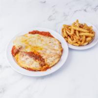 Chicken Parmigiana · Breaded, tomato sauce and mozzarella cheese.