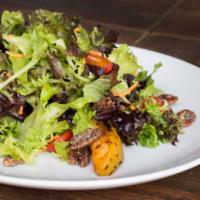 Mixed Greens Salad · Baby lettuce, grape tomatoes, cucumbers, carrots, pecans, spicy pickled red onions, crostini...