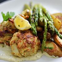Double Crabcake Entree · All Maryland steamed jumbo lump crab meat, fingerling potatoes, green beans & carrots, tarta...
