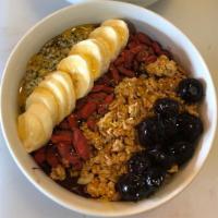 Acai Superfood Bowl · Organic acaiberry base. Toppings: goji berry, hempseed, granolas, blueberries, bananas. Choo...