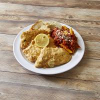 Chicken Francese · Lightly egg battered with lemon butter and white wine sauce. Served with mostaccioli, marina...