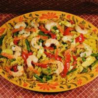Shrimp Primavera · Shrimp and a large variety of vegetables over linguini in a garlic butter wine sauce.
