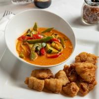 Spicy Catfish · Catfish steaks delicately fried blanketed fiery red chili sauce, bell pepper, eggplant, zucc...