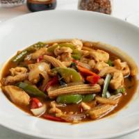 Basil Chicken · Gently-tossed chicken with Phuket sauce, fresh chili, Thai basil, baby corn, bell pepper, an...