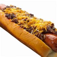 Chili Cheese Hot Dog · 100% all-beef hot dog served with chili and cheese.