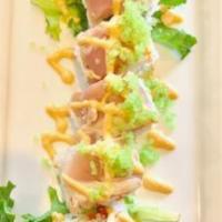 Seahawks Roll · California roll topped with seared white tuna, wasabi mayo, jalapeno masago.