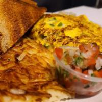 Denver Omelette · Eggs, Smoked ham, red bell pepper, onion. Served with wheat toast, Hashbrowns.