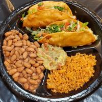 Papa taco plate (ALL VEGAN) · 3 corn tortilla papa tacos, rice, beans, lettuce, guacamole, and pico de gallo