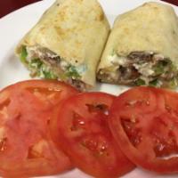 Breakfast Burrito Sandwich · Scrambled farm egg, choice of sausage or bacon, cheese rolled in a burrito with your side ch...