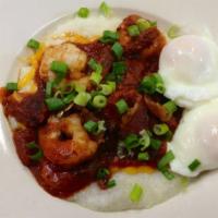 Shrimp and Grits · Southern style cheese grits with shrimp, salsa, sprinkled with home made bacon bits and gree...