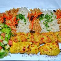 Chicken Shish Kabob · 1 skewer of our marinated boneless chicken breast and 1 skewer of our chicken koubideh