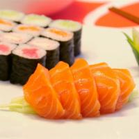 Salmon Maki Combo · Total 16 pieces of salmon, tuna, crab, cucumber roll & 5 pieces of salmon sashimi.