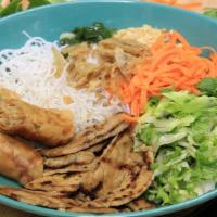 93 - Grilled Pork and Spring Roll Vermicelli · Grilled pork and spring roll. Rice vermicelli, mixed greens (bean sprouts, lettuce, mint, ci...