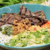 101 - Sesame Beef Vermicelli · Grilled beef. Rice vermicelli, mixed greens (bean sprouts, lettuce, mint, cilantro, pickled ...