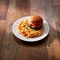 Classic Burger · Brioche bun, green leaf lettuce, sliced tomato and choice of cheese. Served with choice of s...