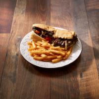 Steak and Cheese Grinder · Shaved steak, American cheese, mushrooms, onions, peppers and grinder roll. Served with choi...