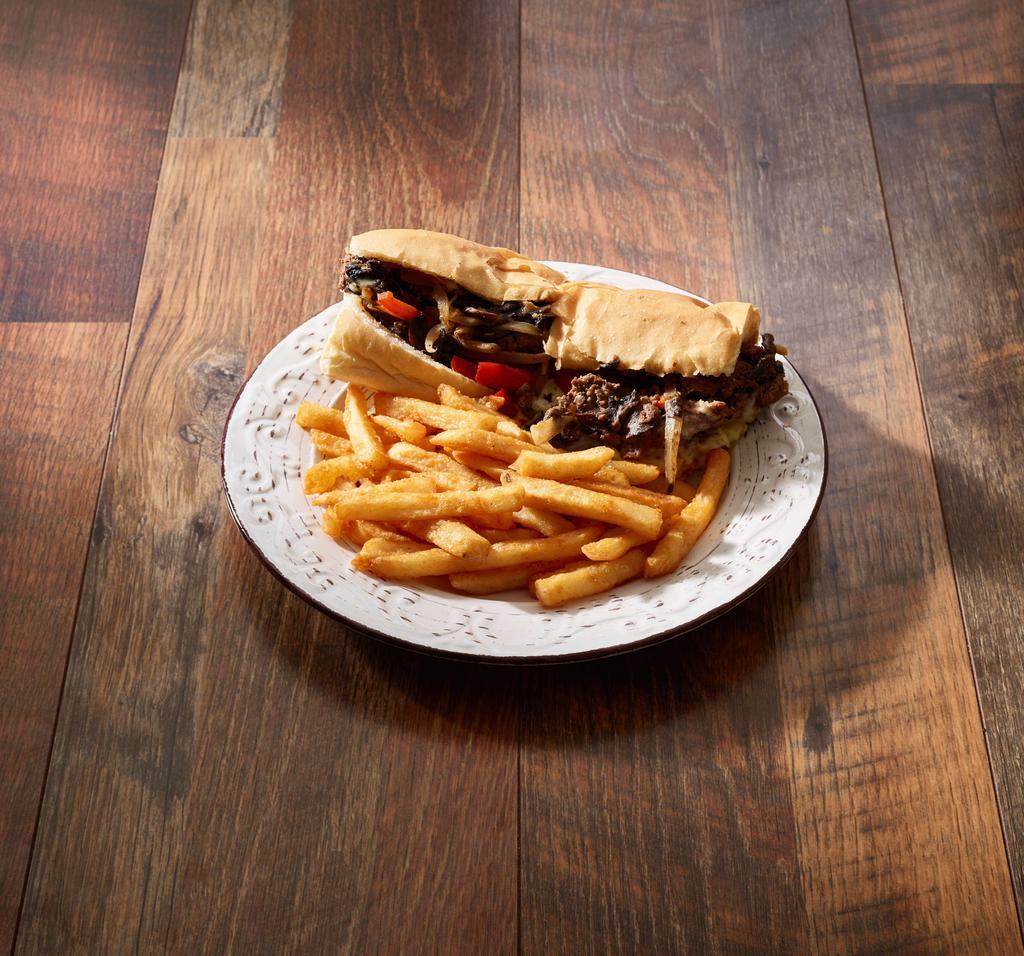 Steak and Cheese Grinder · Shaved steak, American cheese, mushrooms, onions, peppers and grinder roll. Served with choice of side.
