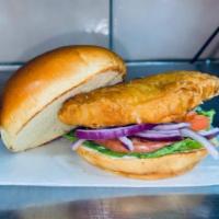 Fish Sandwich ·  Breaded cod fillet with American cheese, lettuce, tomato, and mayo.