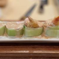 Johnny Roll · Imitation crab, shrimp tempura, wrapped in cucumber with tangy sauce.