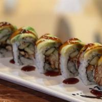 Caterpillar Roll · Freshwater eel and cucumber topped with avocado and eel sauce.
