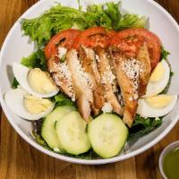 Chicken Salad · House salad topped with boneless sliced rotisserie chicken, sliced tomatoes, cucumbers, ques...