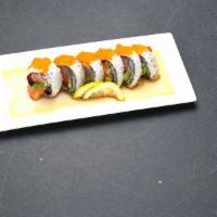 Sashimi Roll · Tuna, salmon, yellowtall, avocado with smelt roe & Japanese mustard sauce on top.