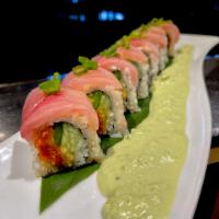 Julie's Pick Roll · Spicy tuna, cucumber, jalapeno, topped w/ yellowtail, green onion served w/ eel sauce, jalap...