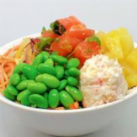 Aloha Salmon Bowl · Cube Salmon, green onion, seaweed, fish egg, crab mix, carrot, cucumber, pineapple, edamame,...