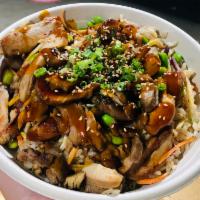 Chicken Teriyaki Bowl · Grilled Chicken, carrots, edamame,teriyaki sauce, sesame seeds, green onion