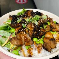 Pork Belly Rice Bowl · Grill Marinated Pork belly over the rice and spring mix, carrots, edamame with teriyaki sauc...