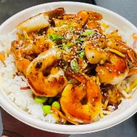 Shrimp Teriyaki Grill Bowl · Grill shrimp over the rice and salad miv, carrots, edamame with teriyaki sauce, green onion,...