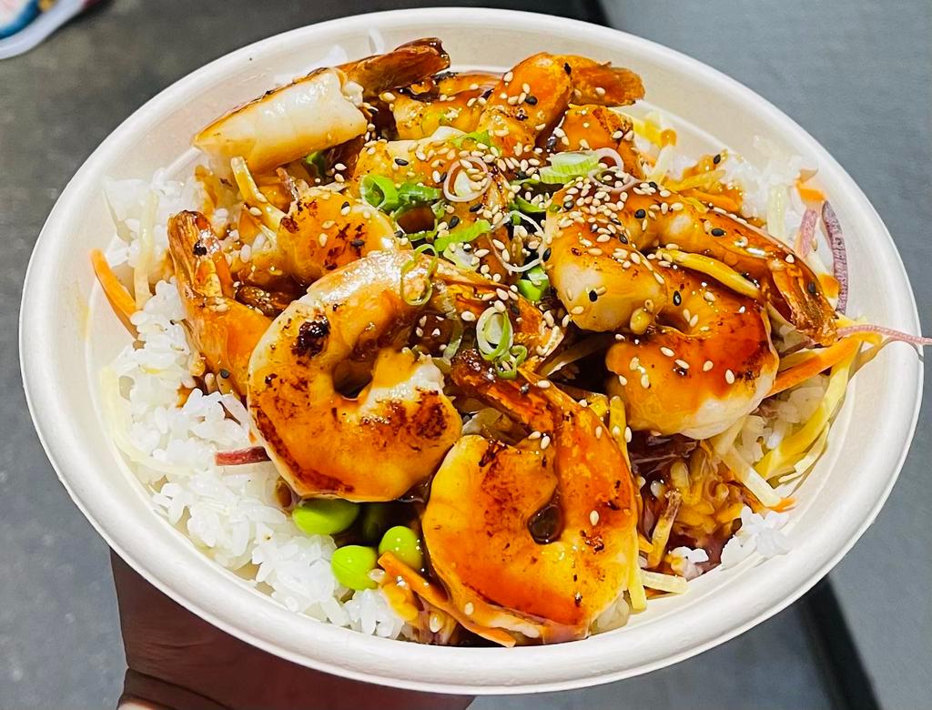 Shrimp Teriyaki Grill Bowl · Grill shrimp over the rice and salad miv, carrots, edamame with teriyaki sauce, green onion, sesame seeds.