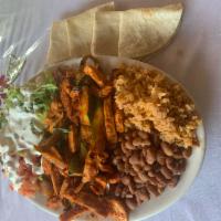 Grilled Chicken Fajita Platter · Served with four tortillas, Mexican rice, red beans, pico de gallo, lettuce, and sour cream.