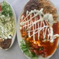 Cheese Enchiladas  · 2 soft corn tortillas topped with rich tomatillo salsa or red salsa and cheese. Served with ...