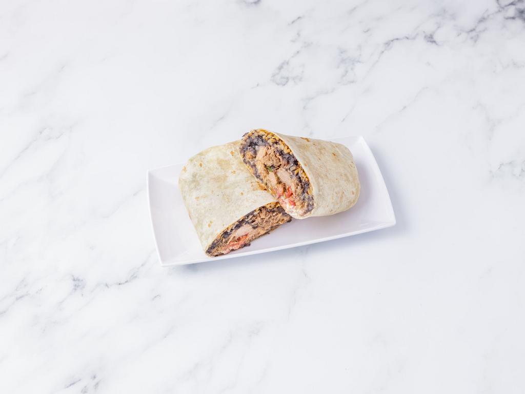 Burrito · Your choice of pork, chicken, or beans overstuffed into a 12” flour tortilla with rice, beans, fresh jalapenos, pico de gallo, sour cream and shredded jack cheese.