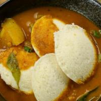 Sambar Idli (3 Pcs) · Vegan & Vegetarian-Steamed rice cakes soaked in sambar