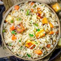 Paneer Pulav · Vegetarian- Basmati rice cooked with cottage cheese, assorted vegetables and traditional her...