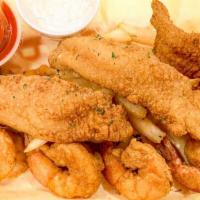 Catfish and Shrimp · 3 Catfish Fillets + 5 Jumbo Shrimps fried to perfect golden crispy + Cajun Fries