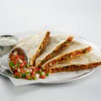 Spicy Pork Quesadillas · Grilled flour tortillas stuffed with spicy pork, shredded cheese, pico de gallo, and garlic ...