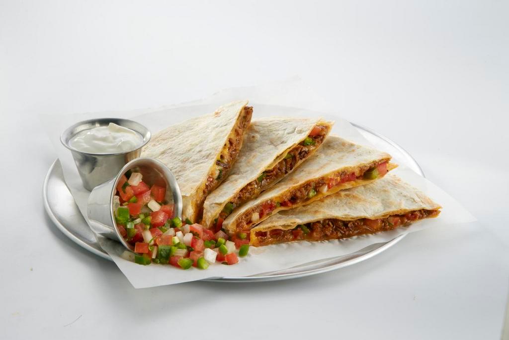 Spicy Pork Quesadilla · Grilled flour tortillas stuffed with shredded cheese, pico de gallo and garlic sauce. Served with a side of pico de gallo and sour cream. Spicy.
