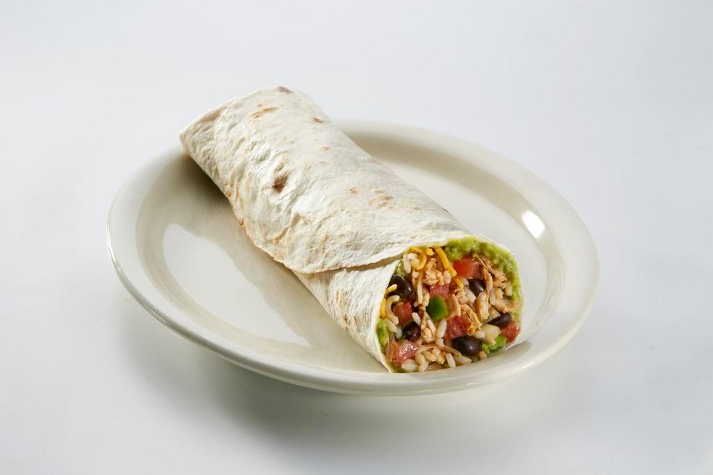 Shredded Brisket Burrito · Stuffed with guacamole, shredded cheese, tomatoes, onions, garlic sauce and your choice of rice and beans inside the burrito.