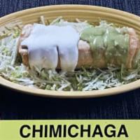 Chimichanga Burrito · Deep fried burrito with rice beans, cheese, and choice of meat topped with sour cream and gu...