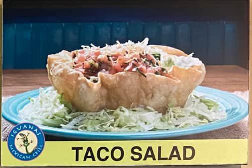 Taco Salad · Crispy flour tortilla bowl filled with rice, cheese, beans, lettuce tomatoes, avocado and sour cream with your choice of charbroiled meat.
