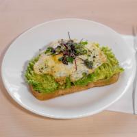 Avocado Toast · Walnut bread, micro greens, hemp hearts, onion salt and olive oil. Vegan.