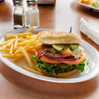 Avocado Burger · Jalapeno, pepper jack cheese, sliced avocado mayo, lettuce, tomatoes, onions, and pickles. S...