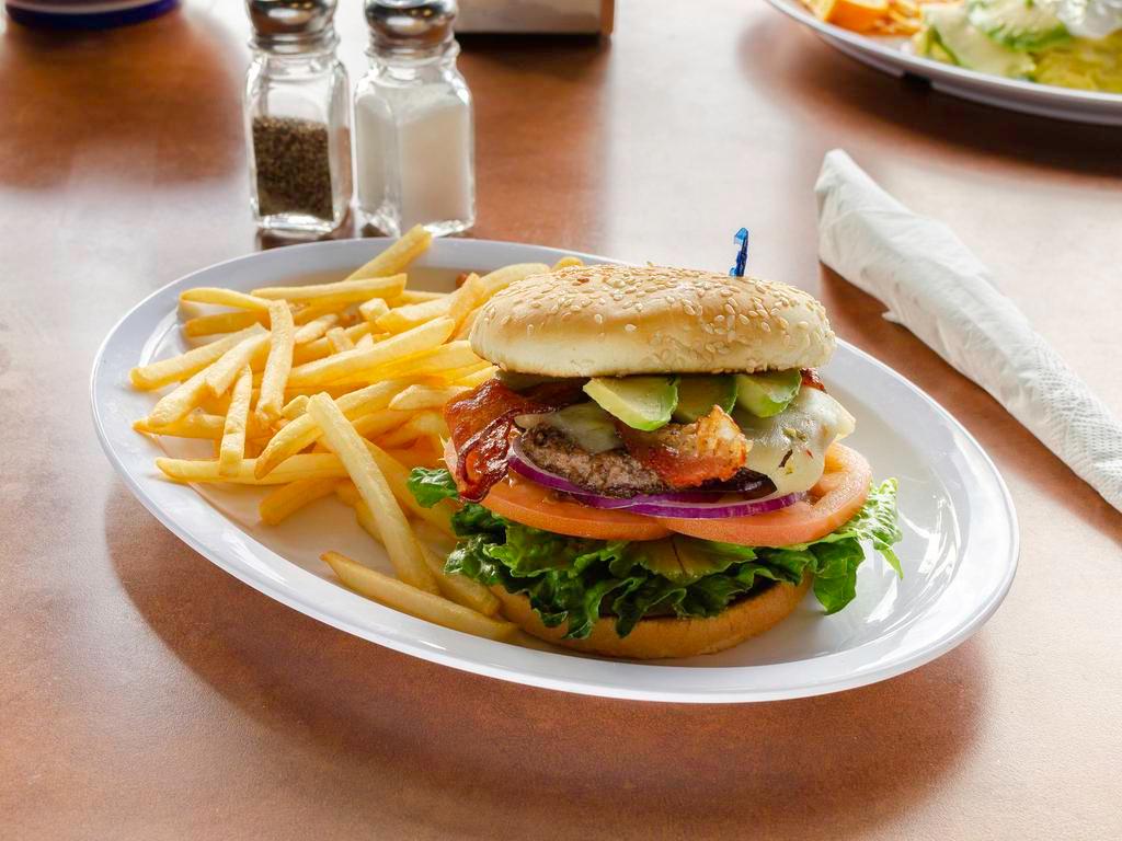 Avocado Burger · Jalapeno, pepper jack cheese, sliced avocado mayo, lettuce, tomatoes, onions, and pickles. Served with Fries or Potato Salad.  