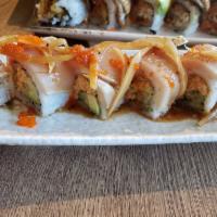 Climax Roll · Spicy crab, avocado, cucumber, cilantro, albacore, red onion, masago with gobo sauce. Raw. S...