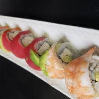Rainbow Roll · crab mix,cucumber and avocado inside ...top with tuna,salmon,yellowtail and shrimp