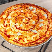 BUFFALO CHICKEN PIZZA · Buffalo grilled chicken, sweet & spicy BBQ sauce, 
blue cheese crumbles, ranch, mozzarella