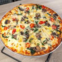 Grilled Veggie Pizza · Basil pesto, squash, zucchini, spinach, tomatoes, fresh basil, mozzarella, shaved parmesan,